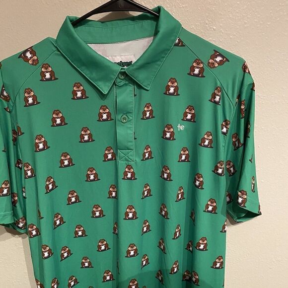 Tipsy Elves Mens Size Large Golf Polo Groundhog Print Pattern Green - Picture 1 of 7
